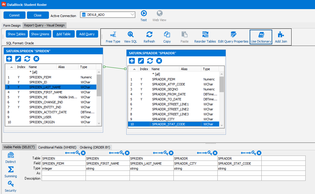 Query constructed in the Visual Designer.  The tables are shown, with a line drawn between them representing the joined fields.  Selected fields appear at the bottom, where you can also construct WHERE and ORDER BY clauses graphically.